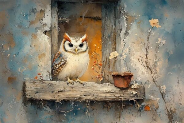 "Digital painting of an owl on rustic windowsill, in muted blue and orange hues."