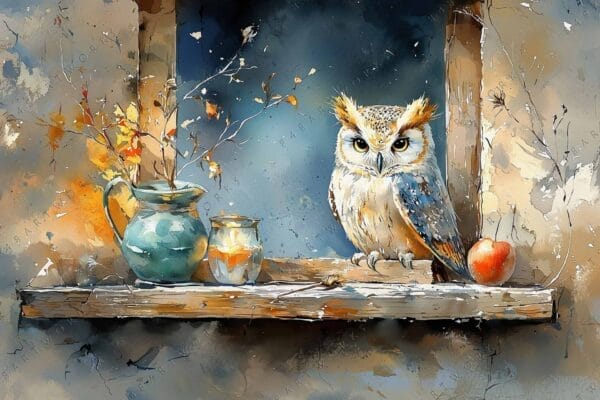 "Digital watercolor painting of an owl on a shelf with vases and autumn leaves."