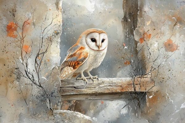 "Digital painting of a barn owl perched on wood, with earthy tones and branches."