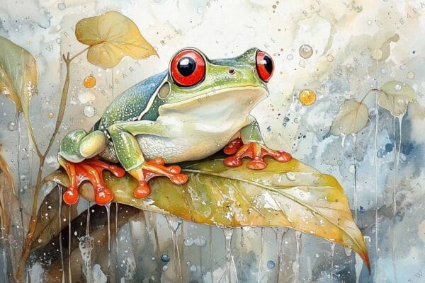 Watercolor painting of a red-eyed tree frog on a leaf with muted background.
