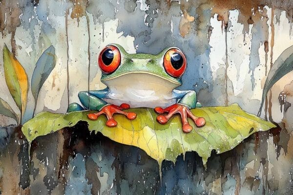 "Watercolor painting of a vibrant tree frog on a leaf with earthy background tones."