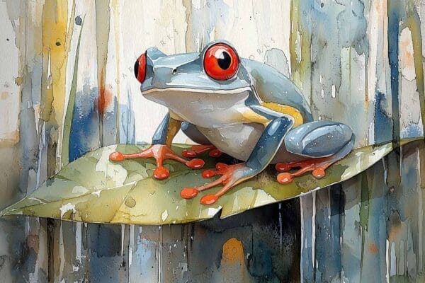 "Watercolor painting of a red-eyed tree frog on a leaf with earthy tones."
