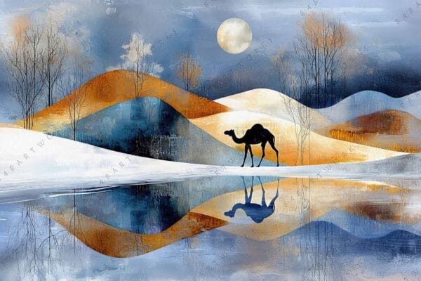 Digital painting of a camel in a surreal desert landscape with blue and orange tones.