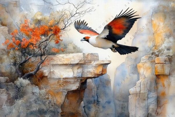 "Digital painting of vulture flying between cliffs with orange foliage and neutral tones."