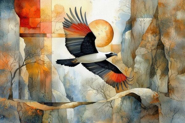 "Digital painting of a bird with spread wings against an abstract autumnal background."