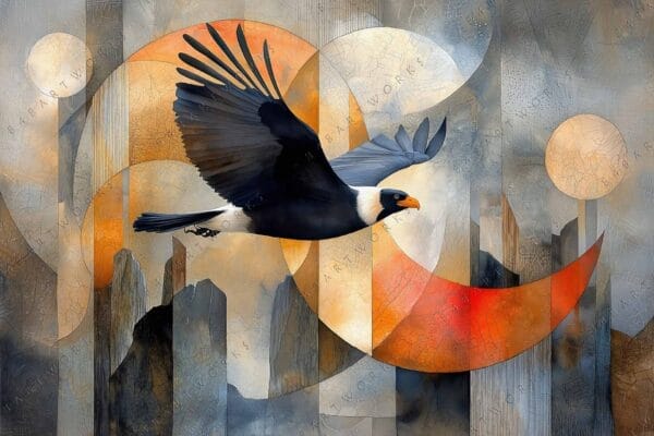 "Digital art of a black bird flying over abstract geometric shapes in orange and gray."
