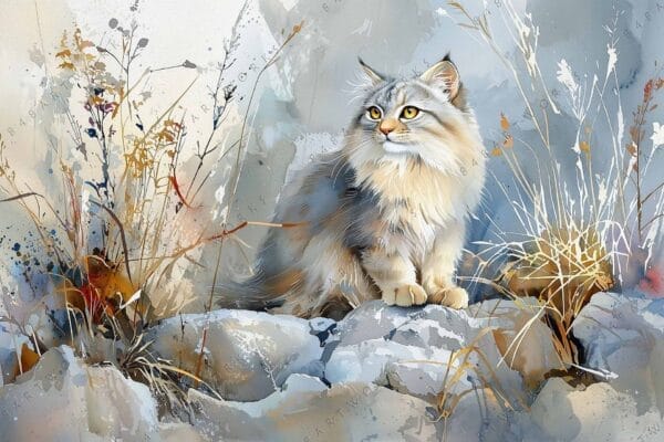 "Digital painting of a fluffy gray cat among abstract foliage in muted tones."