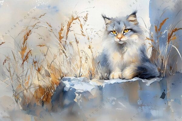 "Digital painting of a fluffy gray cat on a rocky ledge with brown grass."