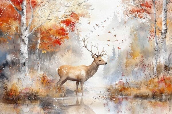 "Watercolor painting of a stag in autumn forest with red and orange foliage."