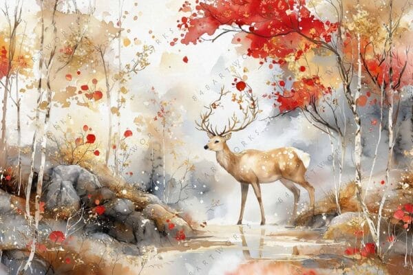 Watercolor painting of a deer in an autumn forest with red and gold leaves.