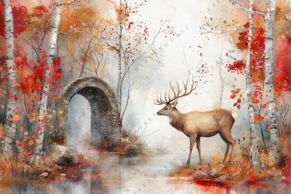 "Watercolor painting of a deer by a stone archway in an autumn forest."