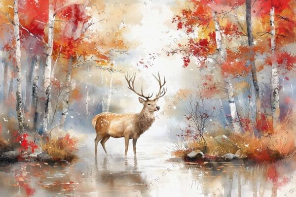 "Watercolor painting of a stag in an autumn forest with red-orange foliage."