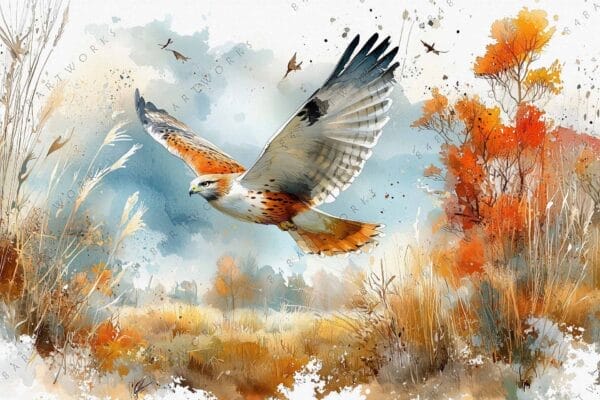 Watercolor painting of a hawk soaring over autumnal landscape with orange foliage.