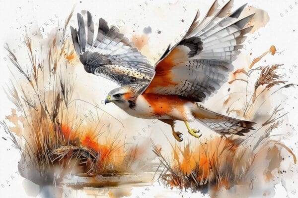 "Digital watercolor of a hawk in flight over autumnal grasses, in earthy tones."