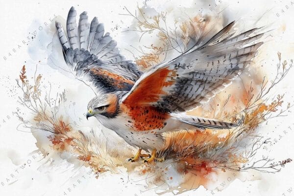 "Watercolor painting of a hawk with orange and gray feathers in flight."