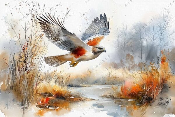 "Watercolor painting of a hawk flying over autumnal wetland landscape in soft earth tones."