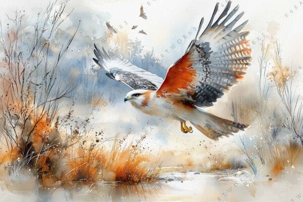 "Digital painting of a hawk in flight over a misty, autumnal landscape."