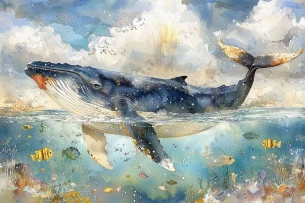 Watercolor painting of a whale swimming with colorful fish in an ocean scene.
