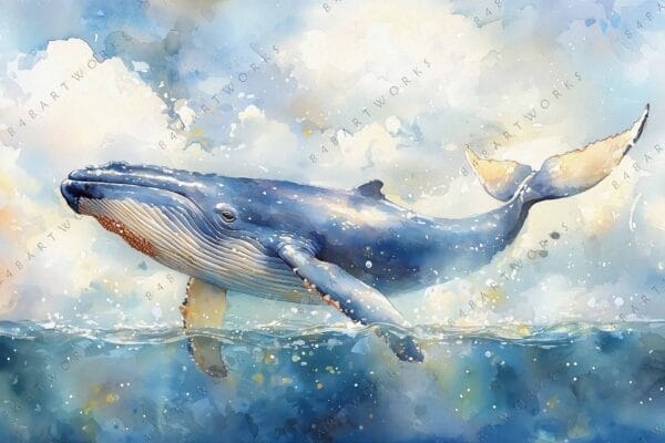 Watercolor painting of a blue whale swimming beneath a cloudy sky.