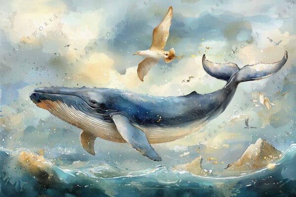 Watercolor painting of a blue whale and flying seagulls over ocean waves.