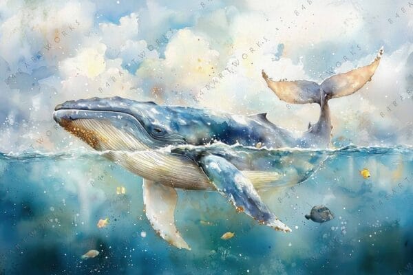 "Watercolor painting of a humpback whale in ocean, blue and beige tones."