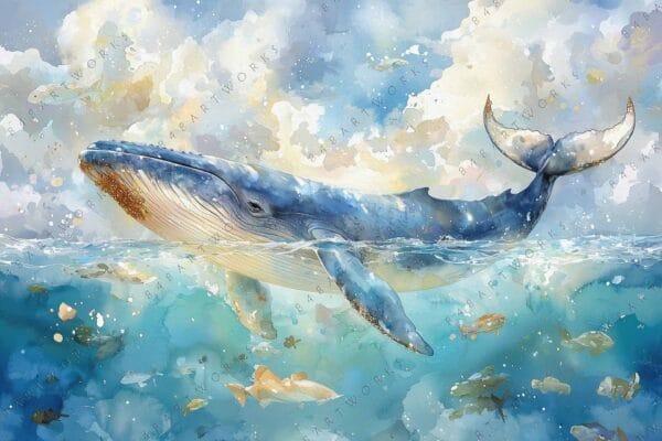 Watercolor painting of a blue whale swimming underwater with colorful fish around.