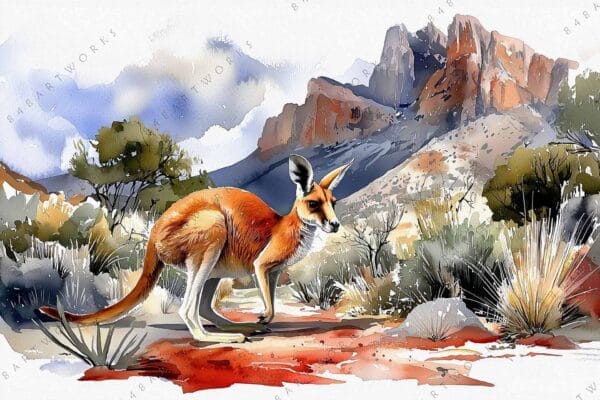 Watercolor painting of a red kangaroo in a desert landscape with distant mountains.