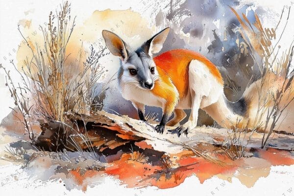 Watercolor painting of an aardwolf in a desert landscape with beige and orange tones.