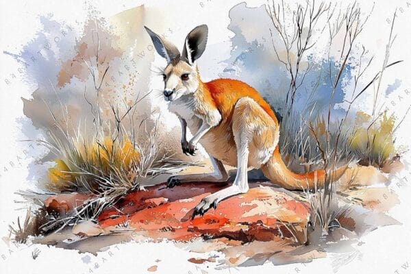 "Watercolor painting of a kangaroo in a sparse, colorful desert landscape."