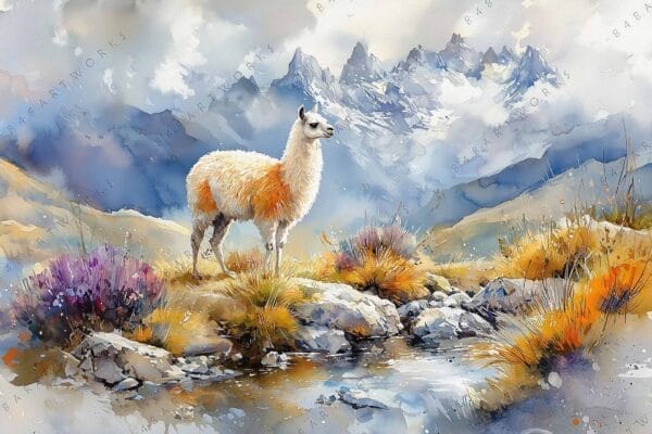Watercolor painting of a llama in a colorful mountain landscape.
