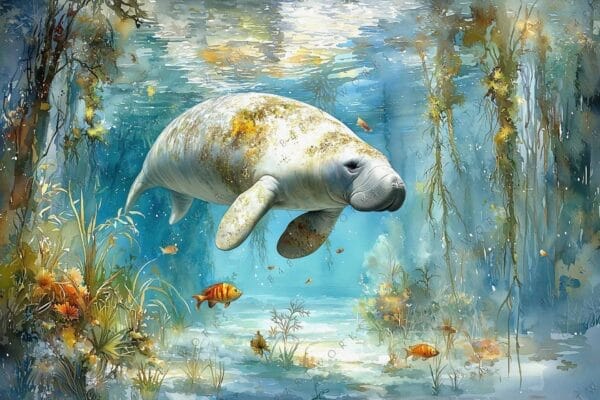 Digital painting of a manatee swimming in a vibrant, blue-green underwater scene.