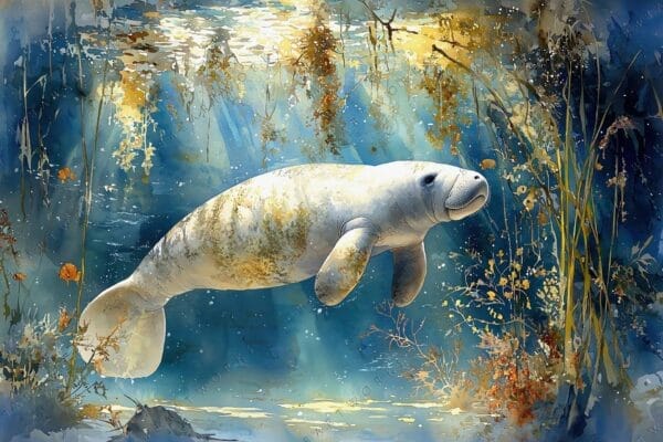 Digital painting of a manatee underwater with aquatic plants in blue and gold hues.