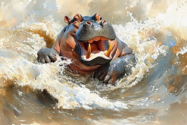 "Digital painting of a hippo emerging from turbulent water, in tan and blue hues."
