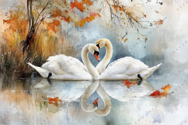Digital painting of two swans forming heart shape on calm autumn lake.
