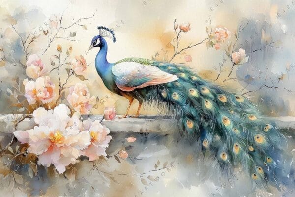 Watercolor painting of a peacock among soft pink and peach blossoms.