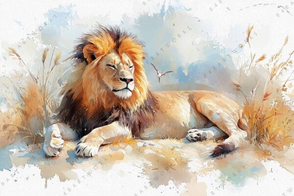 "Watercolor painting of a lion resting among dry grass with soft earth tones."