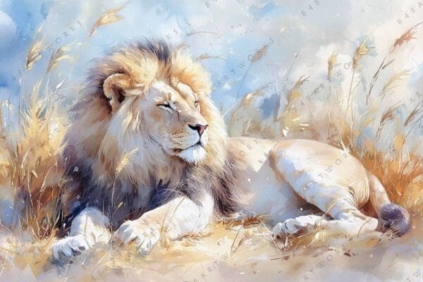 "Watercolor painting of a lion resting in a grassy savanna, with muted earth tones."