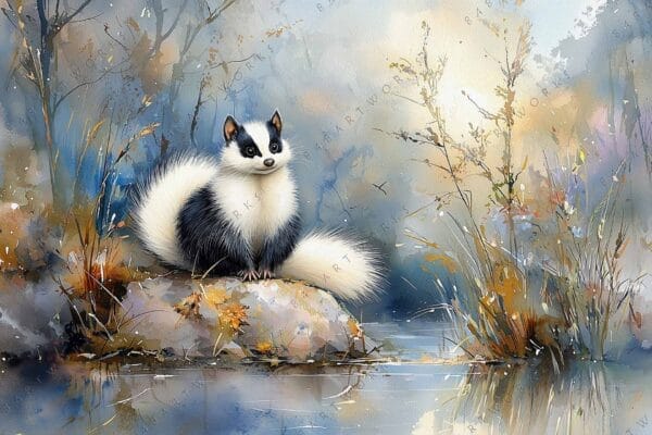"Watercolor painting of a black and white skunk on a rock by a pond."