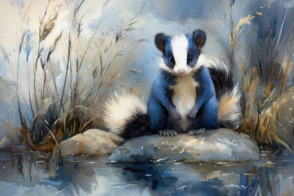 "Watercolor painting of a skunk by a pond, with blue and beige tones."