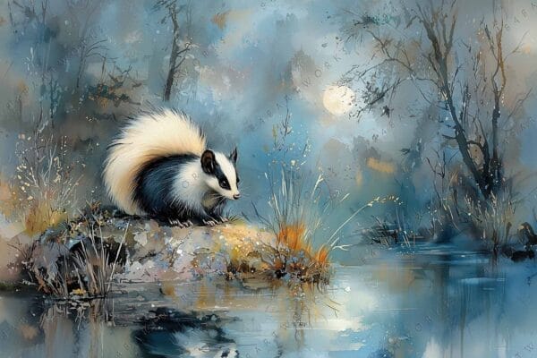 Watercolor painting of a skunk on a rock by a pond under a moonlit sky.
