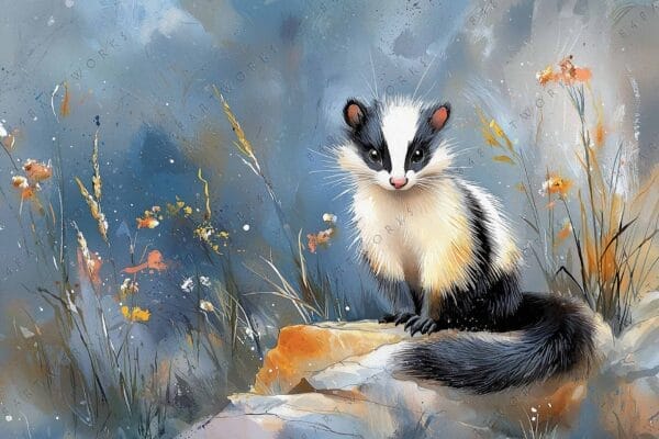 "Whimsical digital painting of a skunk perched on a rocky surface with wildflowers."