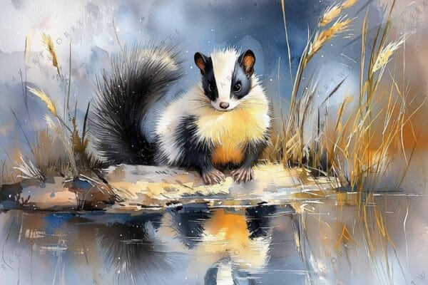 "Watercolor painting of a skunk on a rock beside a reflective pond, autumn colors."