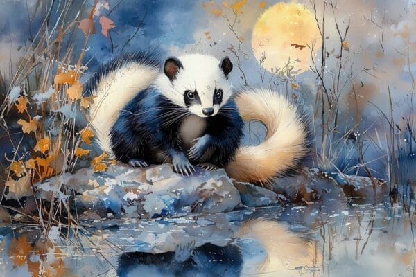 "Digital painting of a skunk by a pond, with autumn leaves and moonlit background."