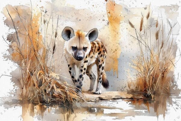 "Watercolor painting of a spotted hyena in a grassy savanna with earthy tones."