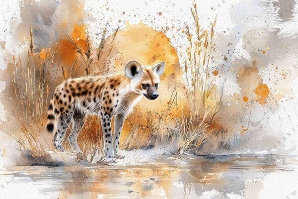 Illustration of a spotted hyena amidst tall grass in earthy orange and brown hues.