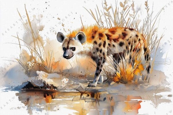 Watercolor painting of a spotted hyena in tall grass, featuring earthy tones.