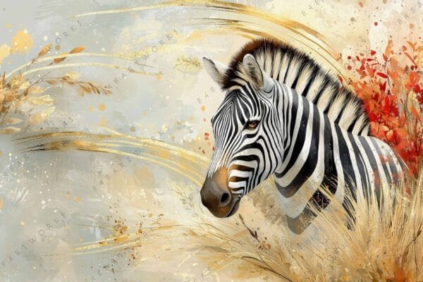 "Digital painting of a zebra in abstract brushstrokes with gold and red accents."