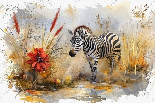Watercolor painting of a zebra amidst tall grasses and a large red flower.