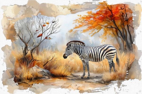 Watercolor painting of a zebra in autumn grass with orange and brown foliage.