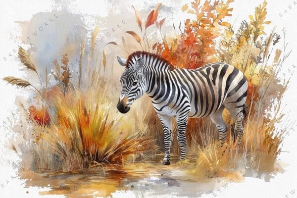 "Watercolor painting of a zebra in autumn foliage with earthy orange and beige tones."